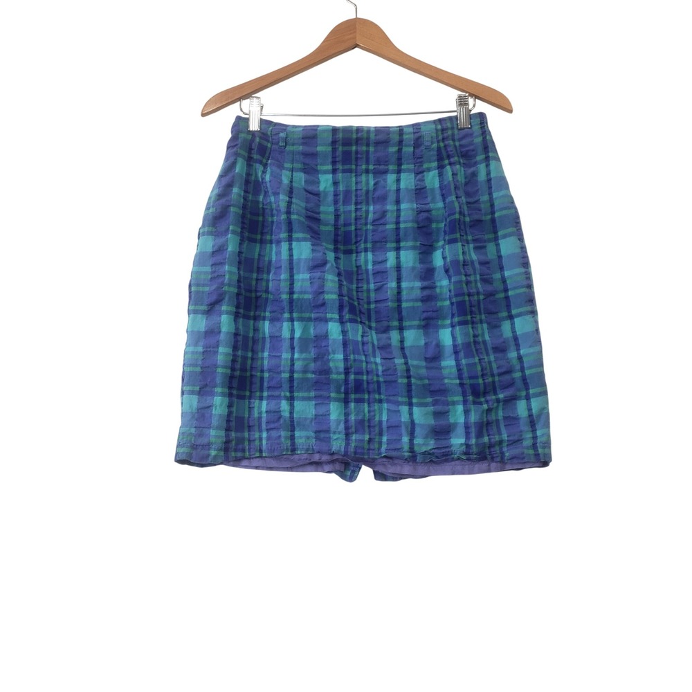 id Sport Plaid Mini Skirt‎ Womens 14 Blue Green Seersucker Cotton 90s Vintage
